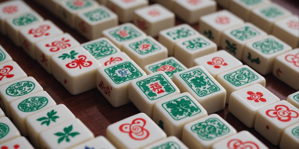 Close-up of Mahjong tiles with intricate designs, arranged neatly against a soft-focus background.