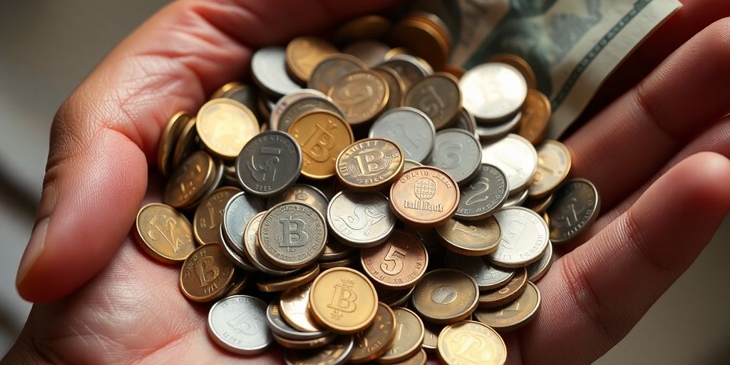 Main d'une personne tenant un tas de pièces de monnaie et de billets.