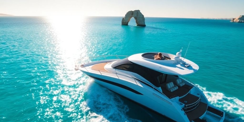 Luxurious yacht sailing turquoise waters near Cabo San Lucas.