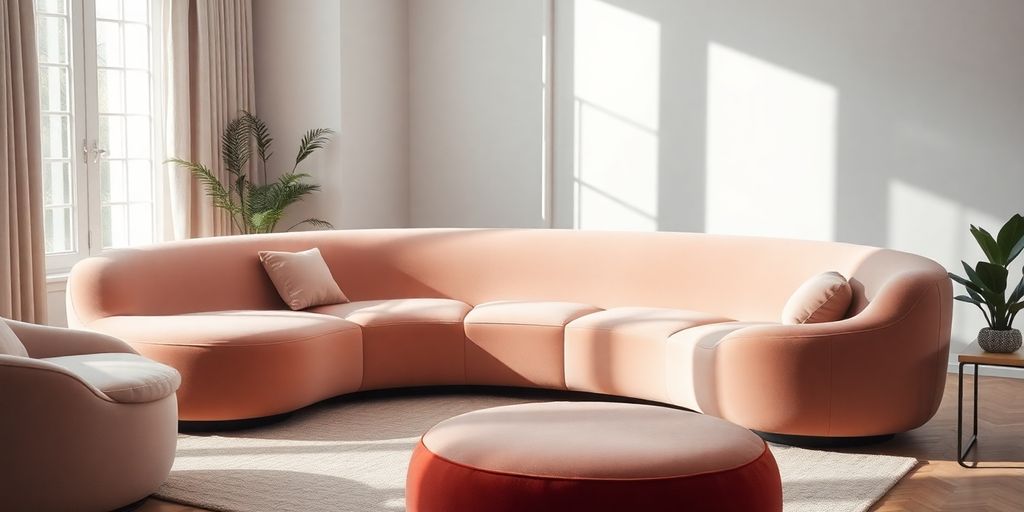 Curved sofa and soft textures in a modern living room.
