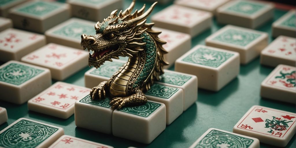 Close-up of Mahjong dragon tiles on a game board.