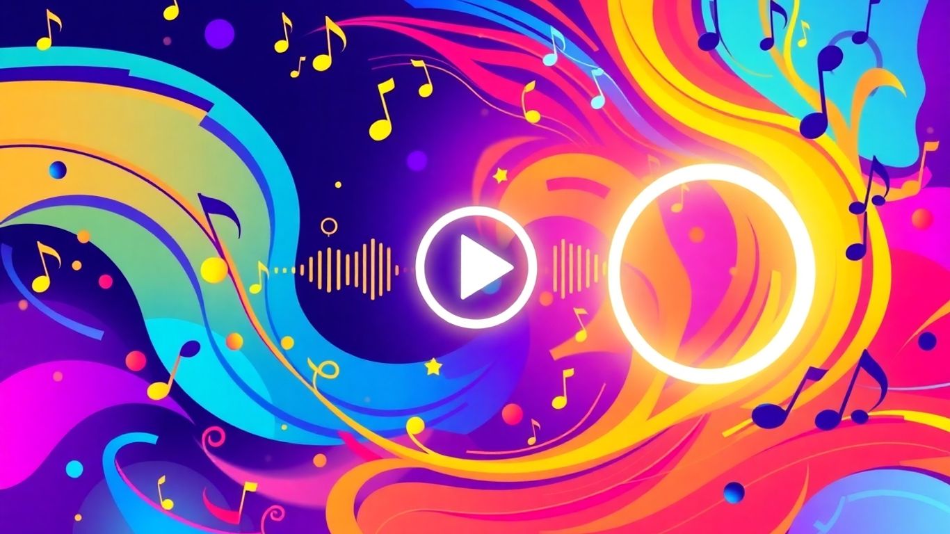 Abstract music visualization with a central play button.