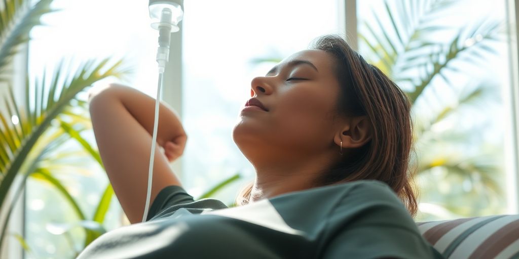 Person relaxing while receiving an IV drip.