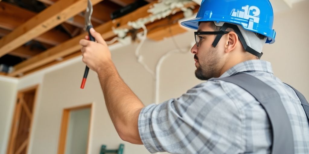 Construction worker repairing structural damage in a home.
