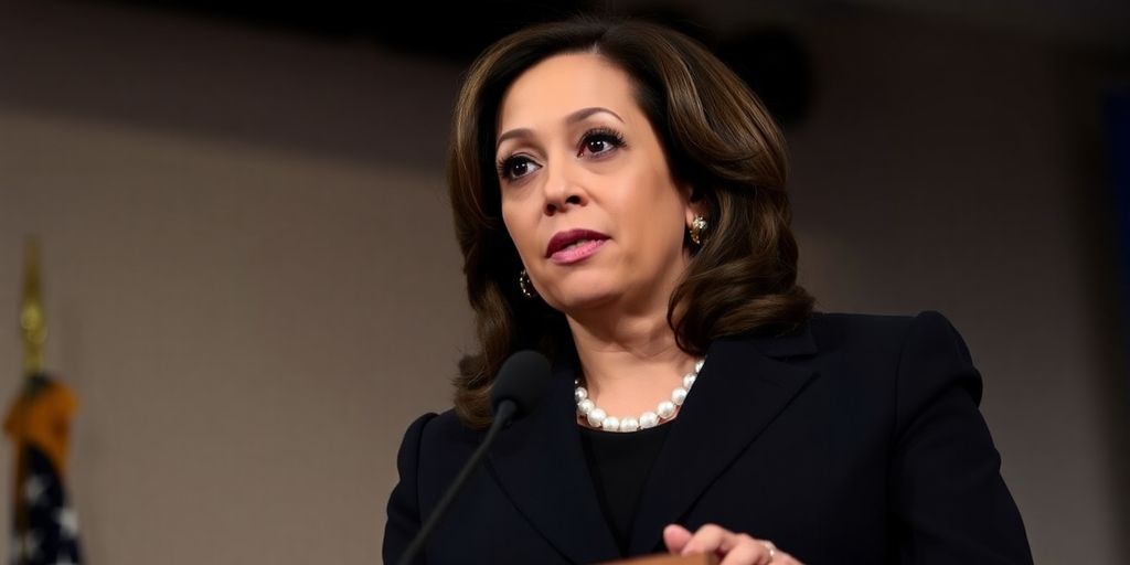 Kamala Harris, serious expression, stands at a podium.