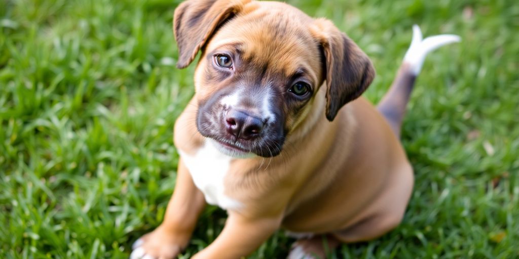 Boxer Labrador cross puppy playing outdoors.