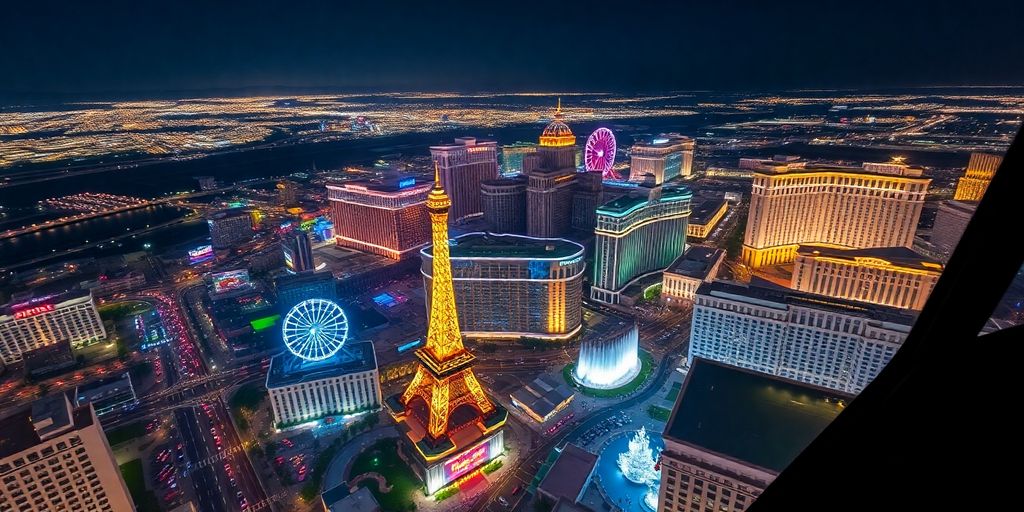 A helicopter flying over the Las Vegas Strip at night.