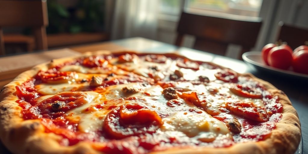 A pizza left out overnight on a table.