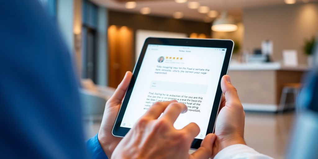 Vet replying to positive customer review on tablet.