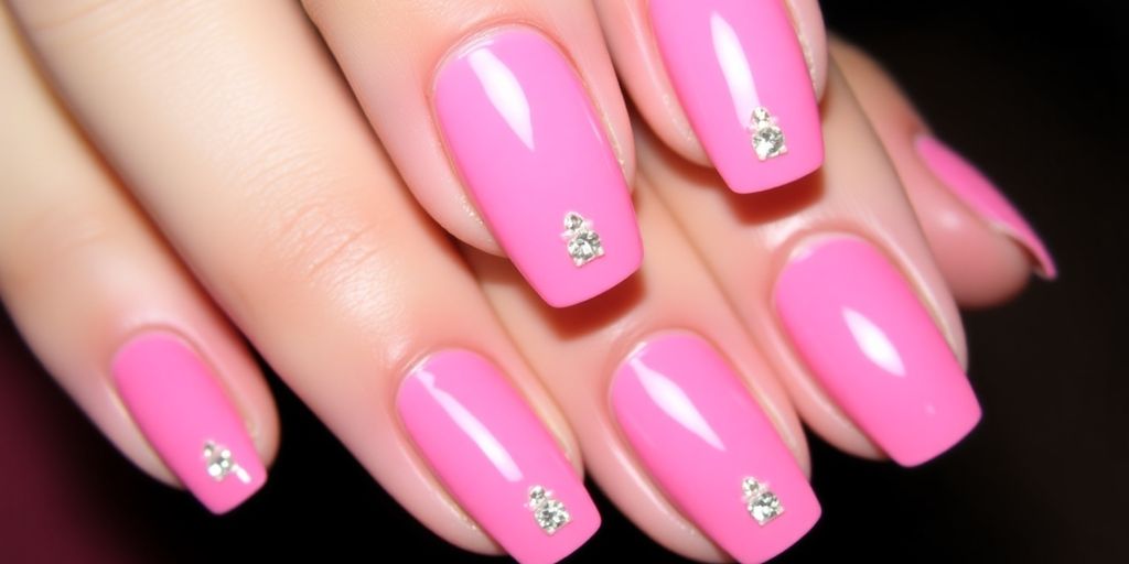 Unhas rosa com pedrarias brilhantes e elegantes.