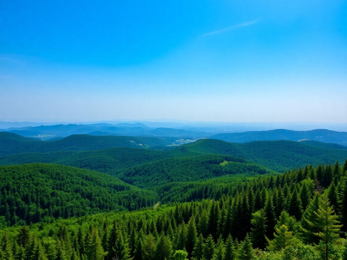 Peisaj montan românesc cu păduri verzi și cer senin.