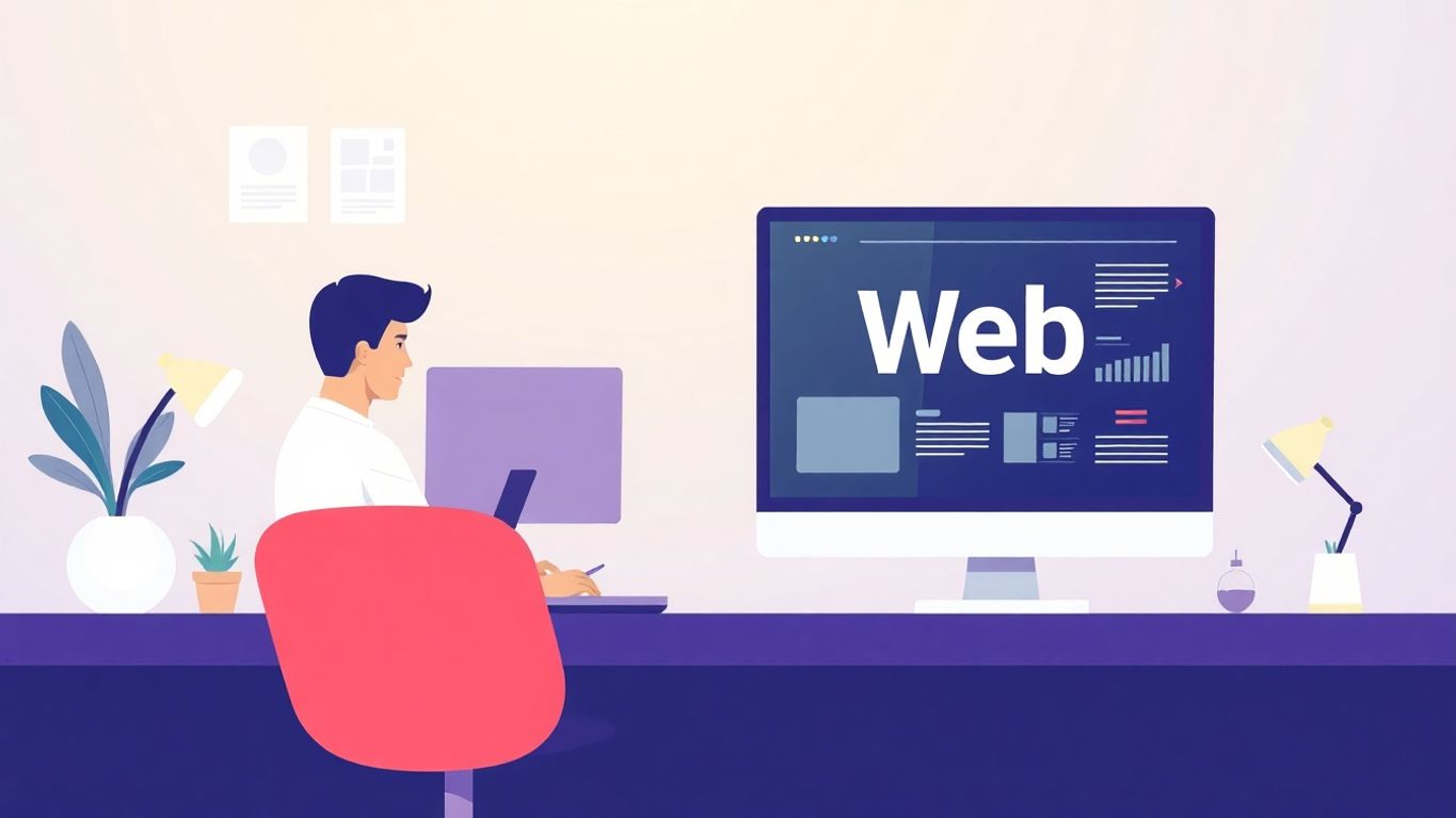 Illustrasjon av webdesigner i arbeid med myke farger.