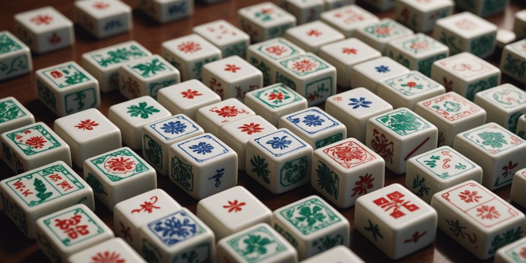Illustration of Mahjong tiles displaying their dimensions and intricate designs on a subtle background.