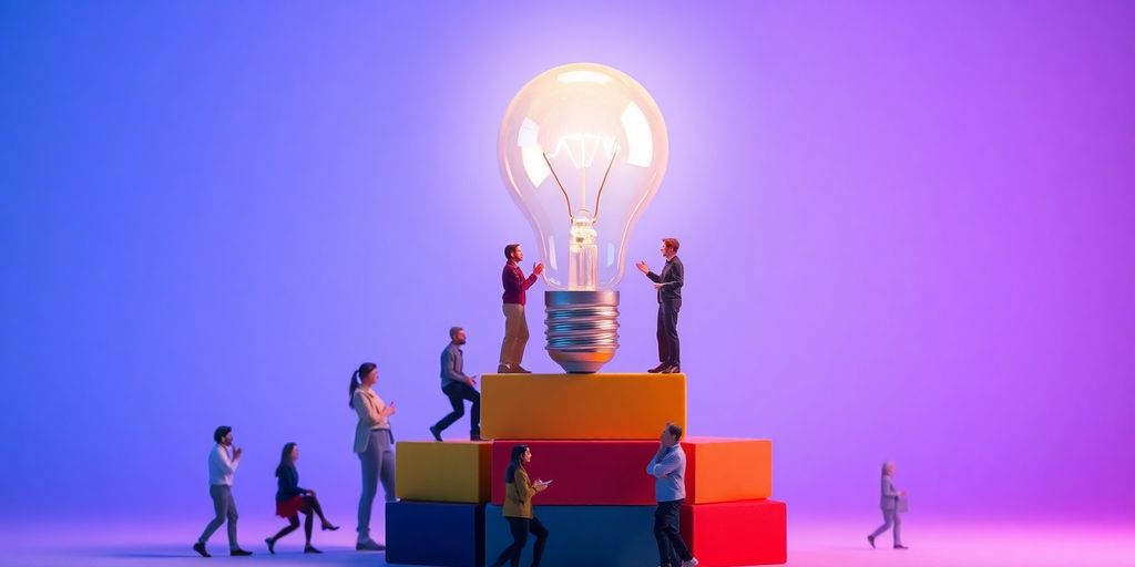 Bright lightbulb illuminates diverse team collaborating.