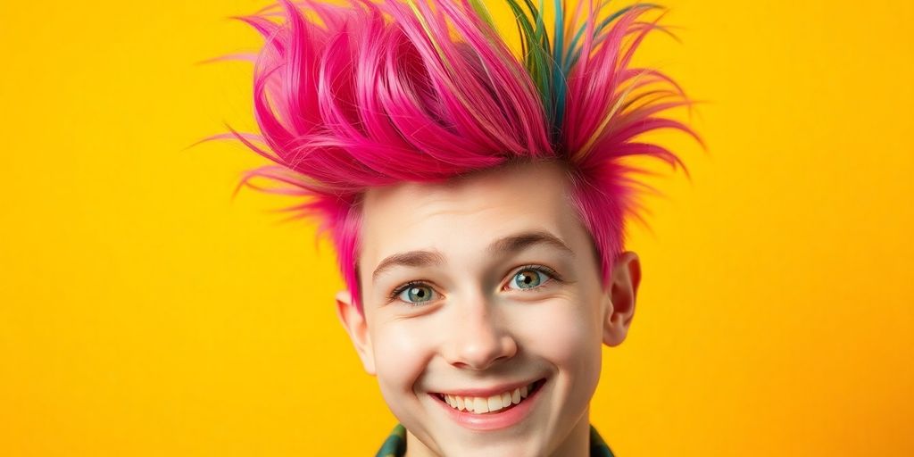 Person with a colorful, exaggerated cowlick hairstyle.