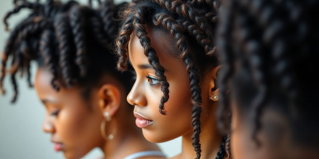 Close-up of biracial hair in protective styles.
