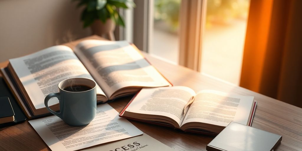A peaceful study space with books and coffee in sunlight.