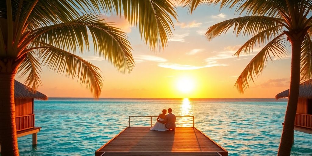 Romantic couple enjoys sunset at a secluded Zanzibar beachfront resort.
