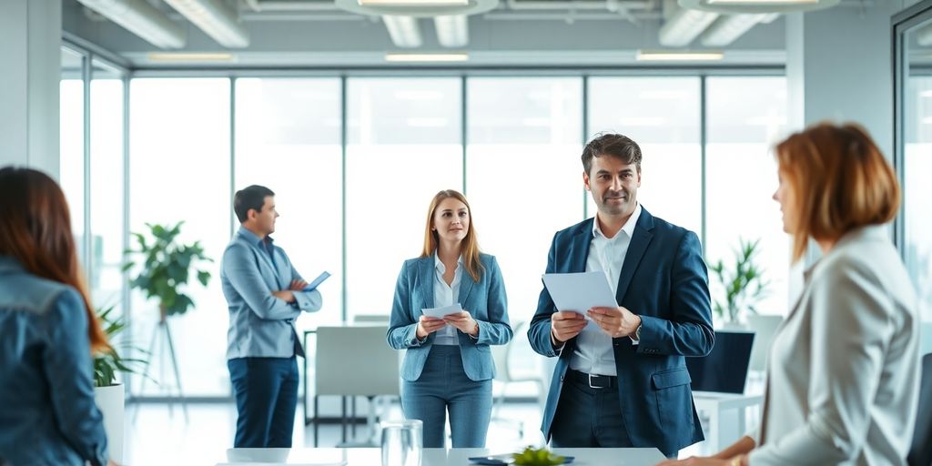 Branchenzuschläge in der Zeitarbeit: FAQ zu Höhe, Anspruch und Dauer Mitarbeiter mit blauen Akzenten in einem modernen Büro.