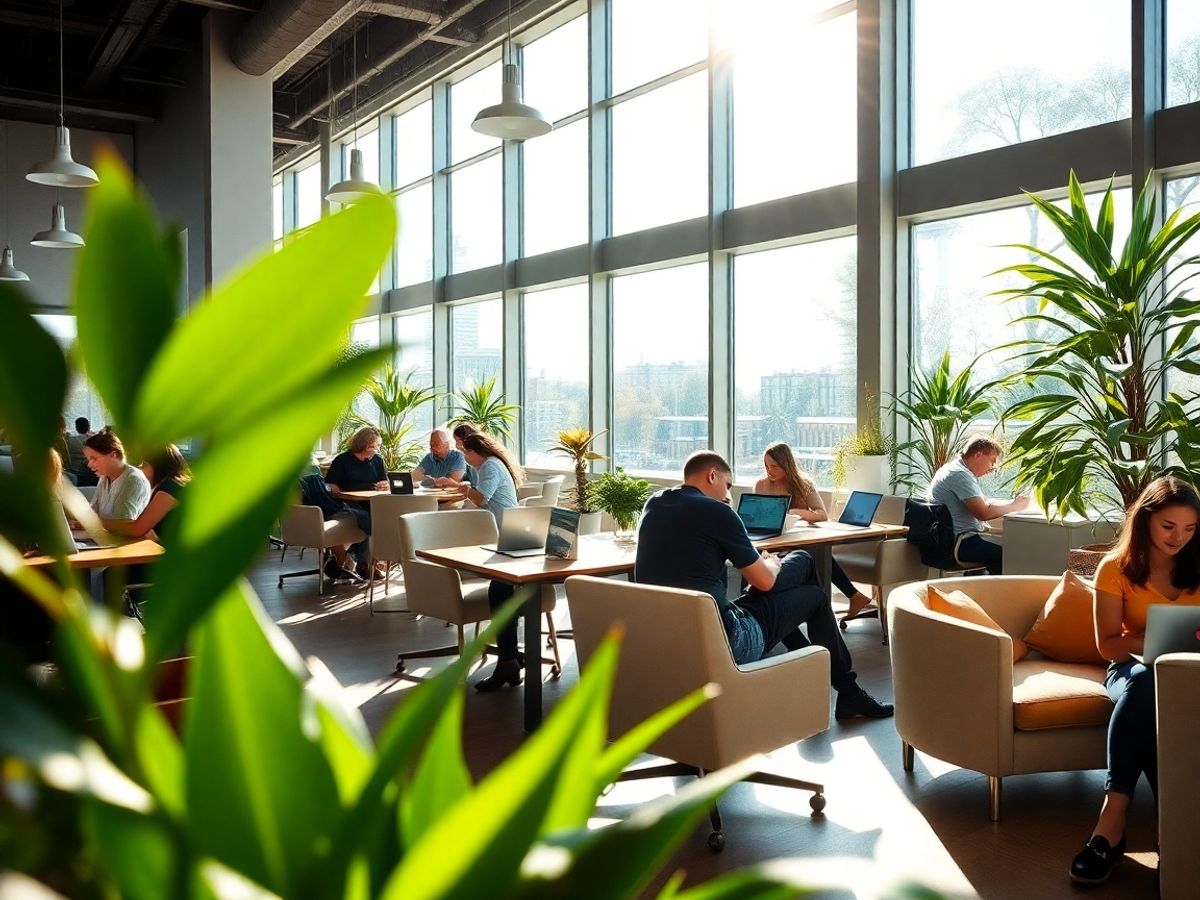 Interior modern spațiu coworking, oameni lucrează.