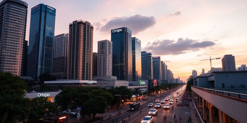 Ortigas Centre skyline with modern buildings at dusk.