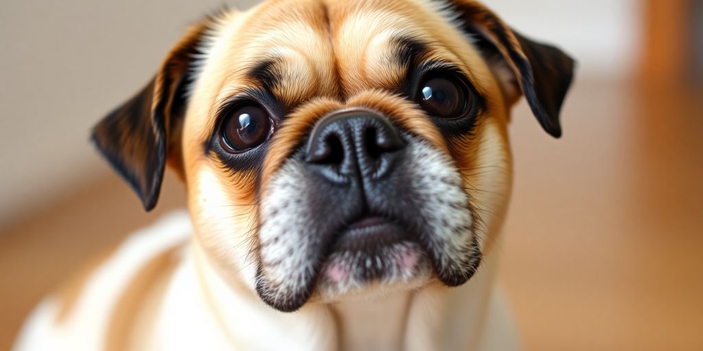 A cute Jug dog with floppy ears and a wrinkled snout.