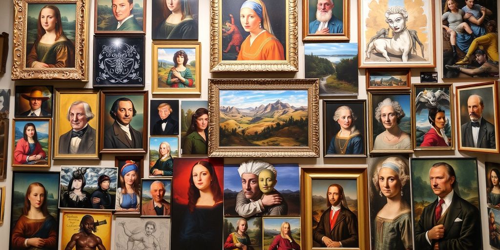 Collage of famous artworks and artists in a gallery.