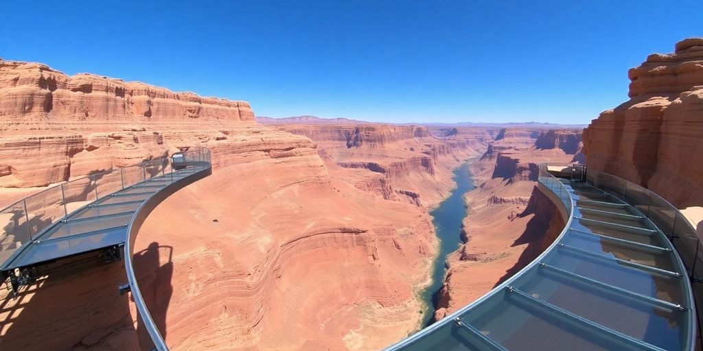 A glass skywalk extends over the vast Grand Canyon.
