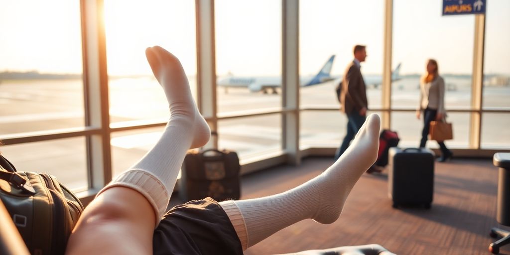 Traveler wearing compression socks sits in airport lounge with bag