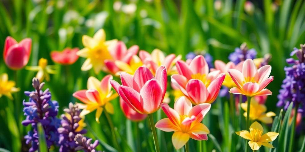 Färggranna blommor i majträdgård.