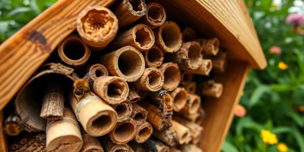 Bienenhotel im Garten mit fleißigen Bienen