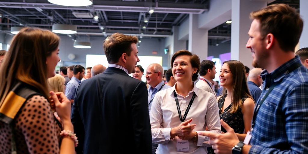 Emprendedores canadienses colaborando en un evento dinámico.