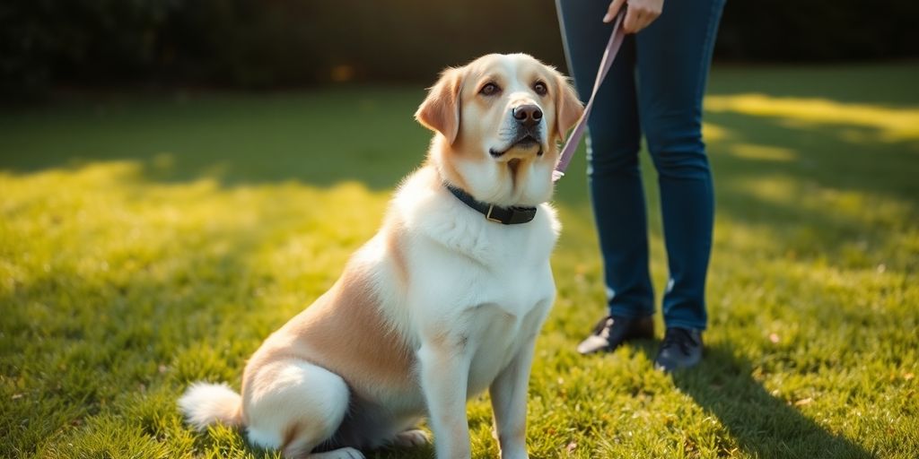 Dog sitting on grass, owner holding leash.