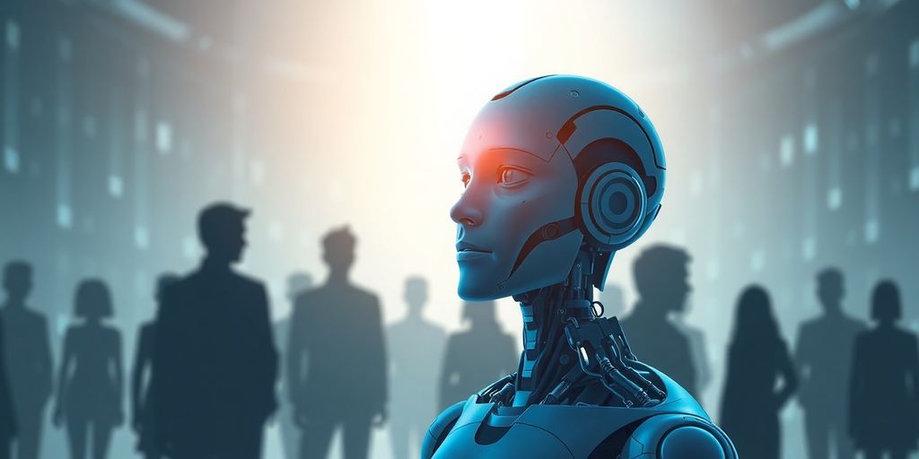 AI figure with diverse humans in a futuristic setting.