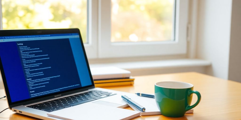 Vibrant workspace with laptop and notepad.