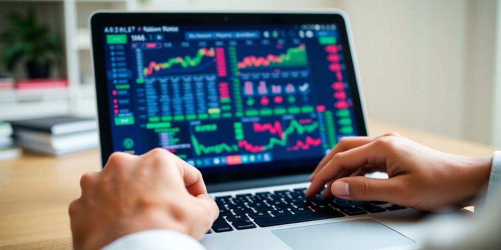 Person using a computer, with financial charts on screen.