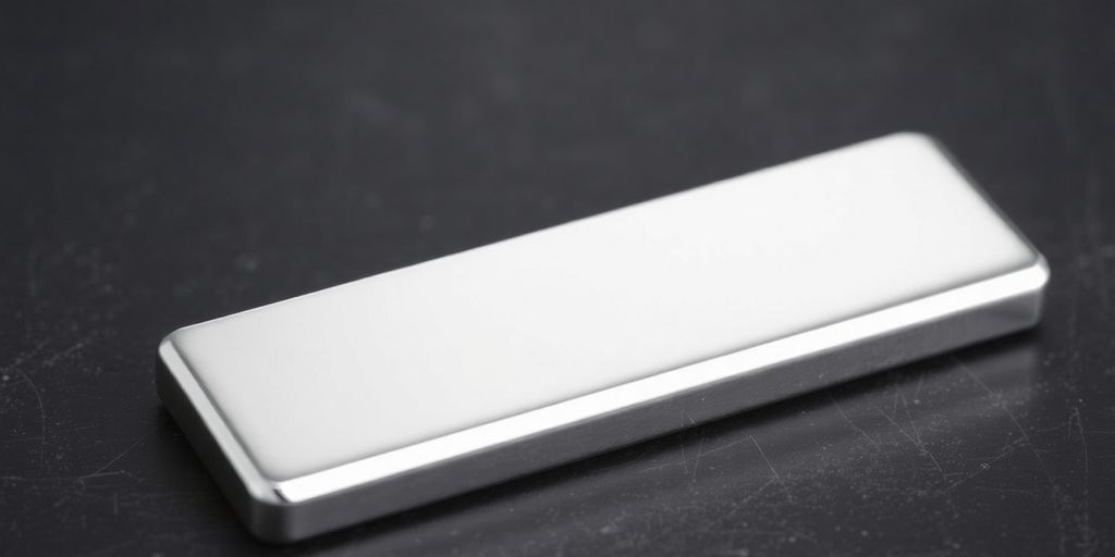 Lingot d'argent brillant posé sur une surface sombre.