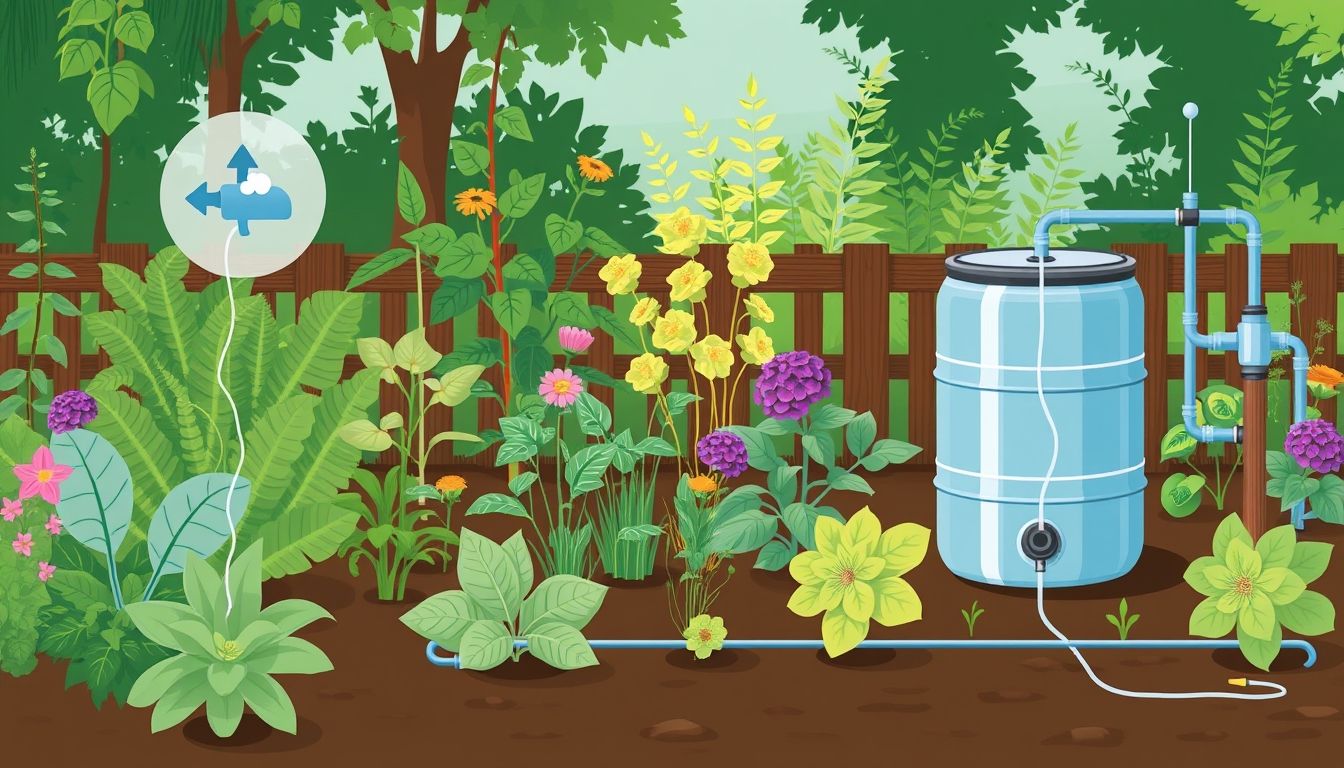 Lush garden with rainwater barrel and drip irrigation.