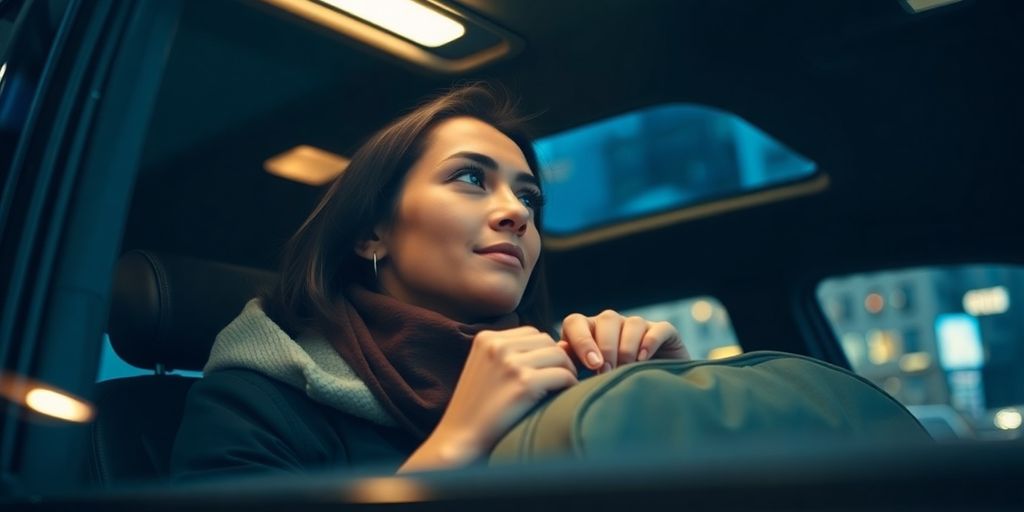 Traveler securing belongings in a taxi for safety.