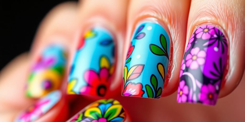 Unghie decorate con design artistici e colori vivaci.