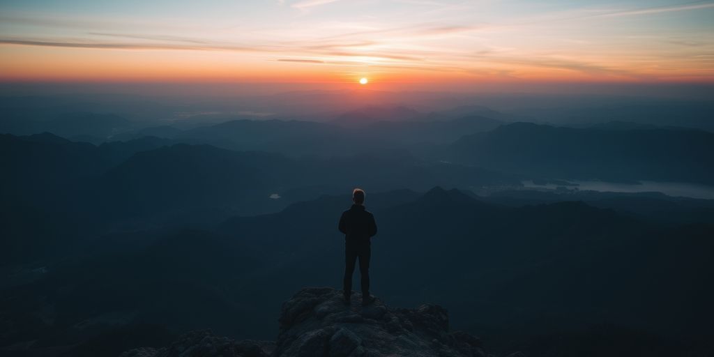 Person on mountain peak at sunrise