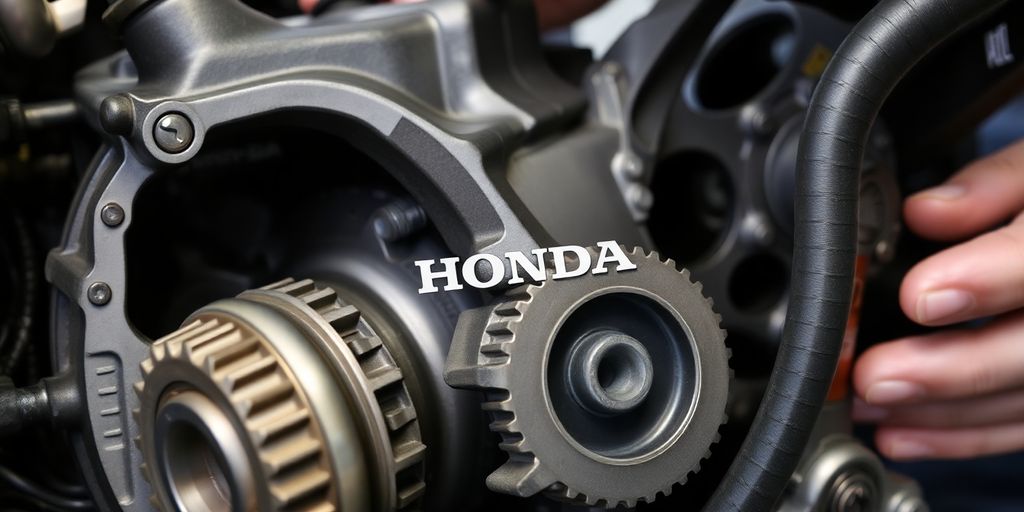 Honda transmission components and a mechanic.