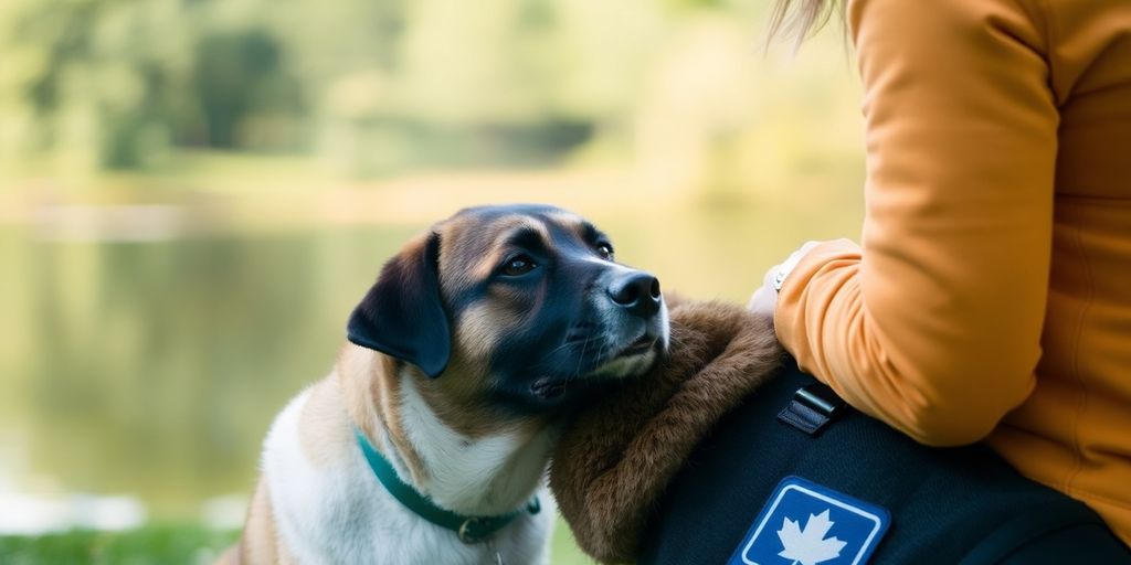 Service dog providing support to a person outdoors.