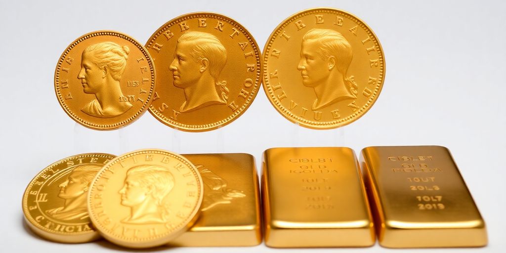 Pièces de Napoléon et lingots d’or en exposition.