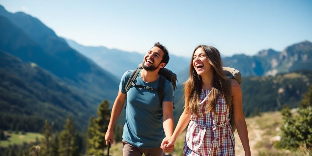 Couple hiking together in beautiful mountainous scenery.
