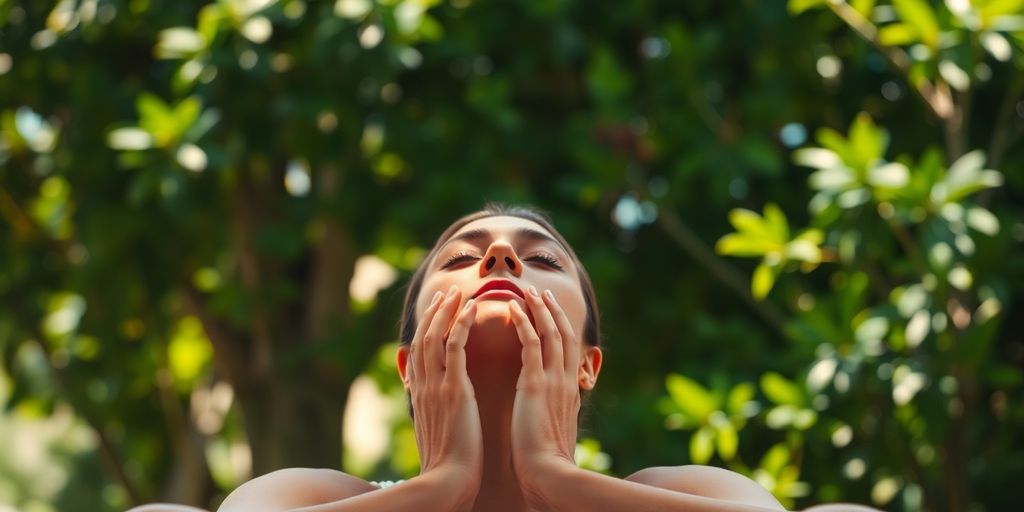 Person meditating peacefully in a sunlit, calm, natural setting.