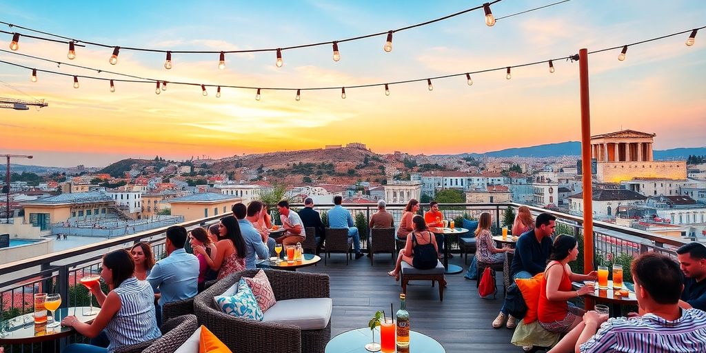 Rooftop bar in Athens with city skyline and sunset.