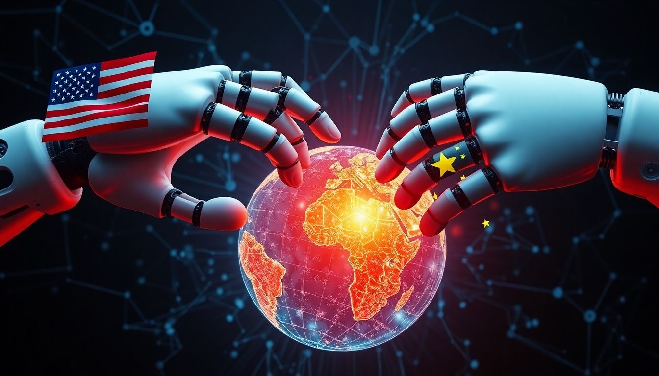 Robotic hands clash over a glowing digital globe.