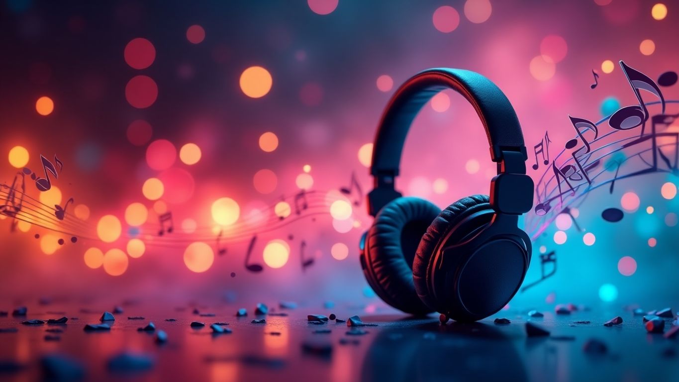 Headphones and music notes with vibrant soundwaves.
