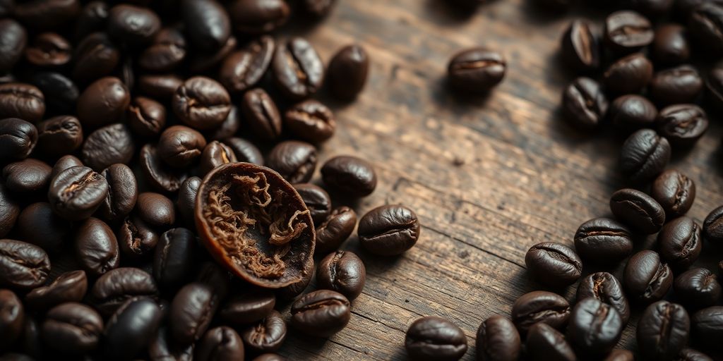 Coffee beans, roasted, with fiber